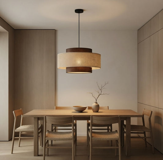 Salle à manger Japandi avec suspension rotin de taille idéale diffusant une lumière douce et chaleureuse au-dessus de la table