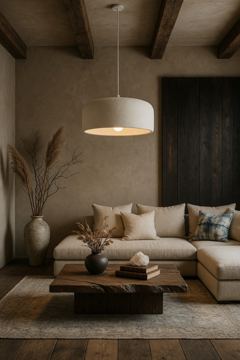 Suspension en travertin naturel allumée diffusant une lumière chaude et organique dans un intérieur minimaliste Wabi-Sabi