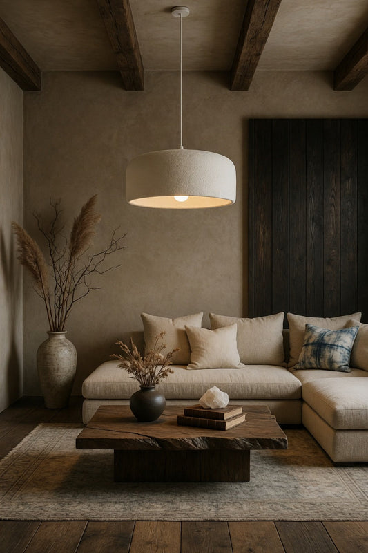 Suspension en travertin naturel allumée diffusant une lumière chaude et organique dans un intérieur minimaliste Wabi-Sabi