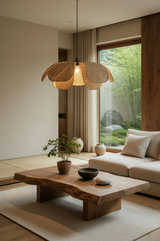Intérieur Japandi-Wabi-Sabi mixé avec suspension travertin et matières naturelles dans un salon épuré et chaleureux