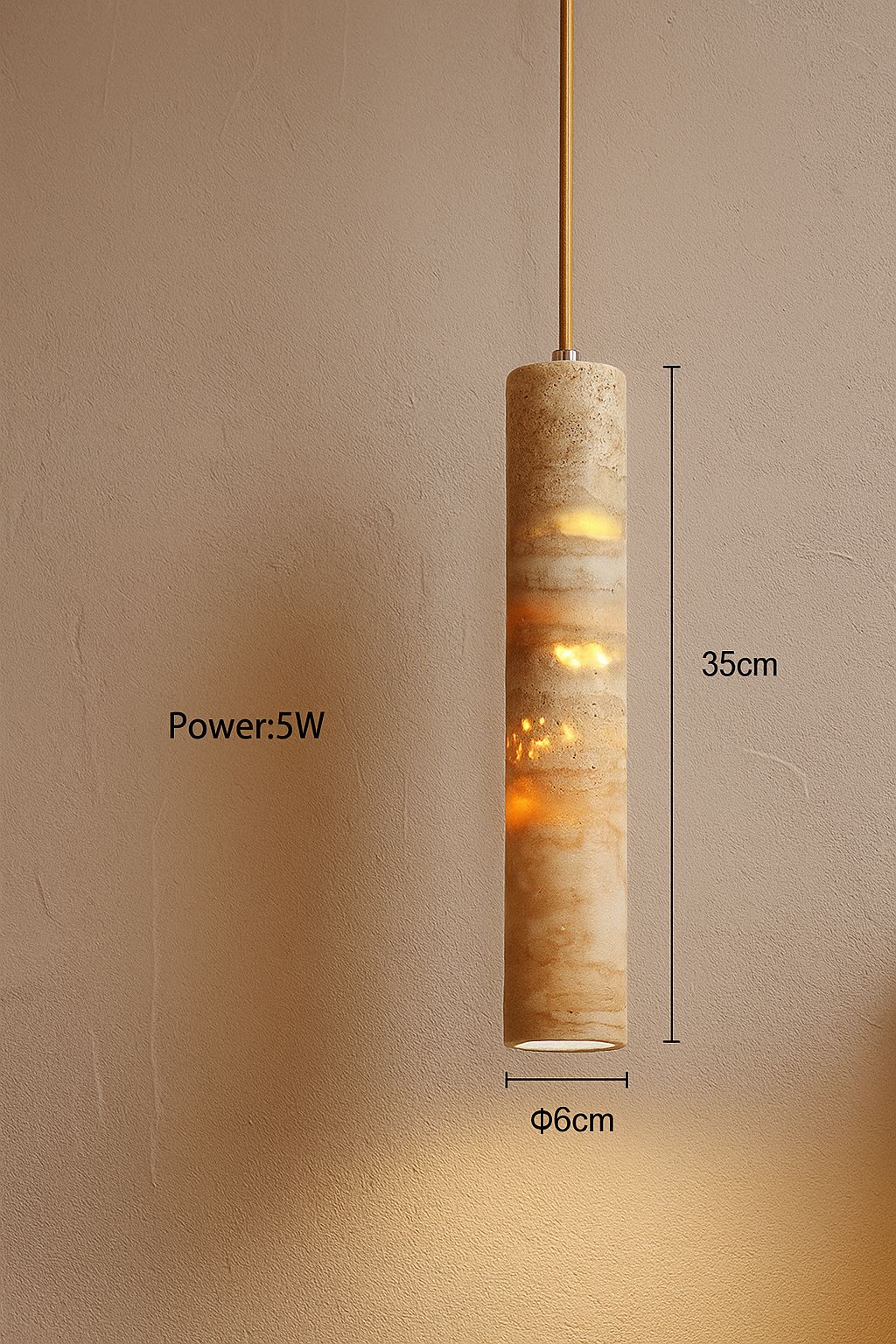 Suspension travertin cylindre H35cm Ø6cm câble 170cm ajustable 5W wabi-sabi – Atelier Fancy Light