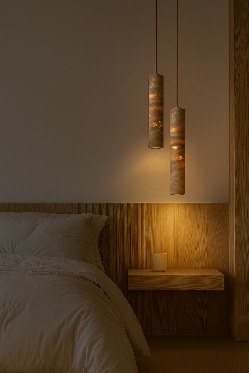 Suspension travertin cylindre duo chevet chambre wabi-sabi halo ambré 2700K – Atelier Fancy Light