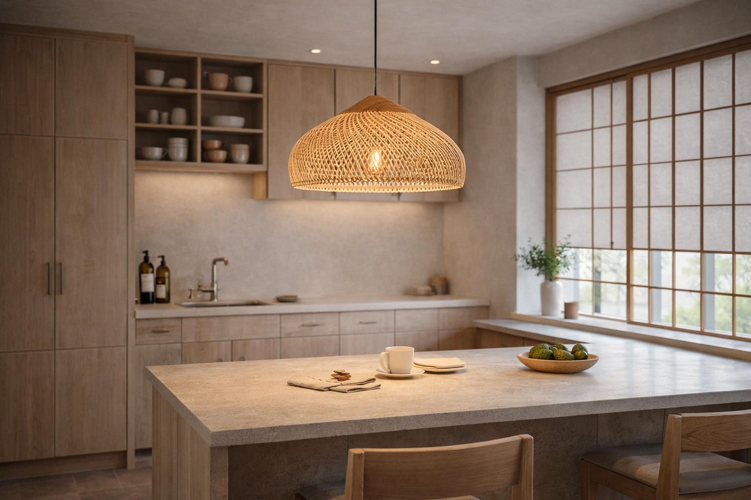 Lampe suspension osier cuisine Japandi dôme plat tressage main éclairage îlot – Atelier Fancy Light