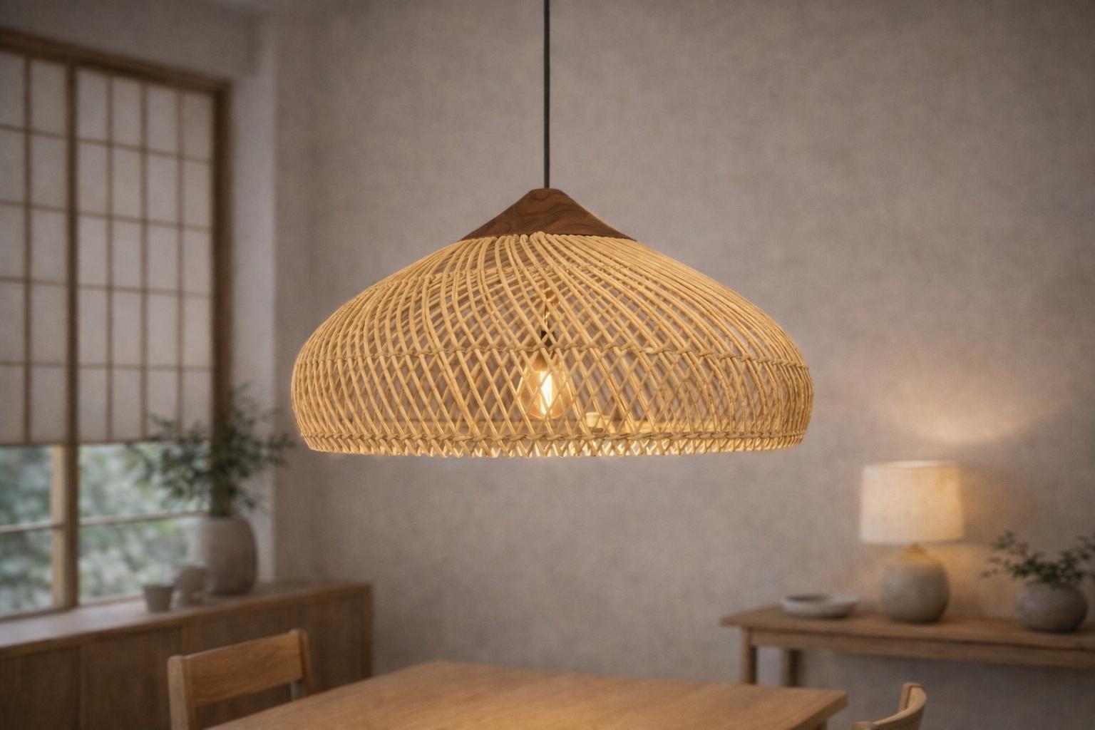 Luminaire suspension osier tressé Japandi dôme plat salle à manger embout bois massif – Atelier Fancy Light