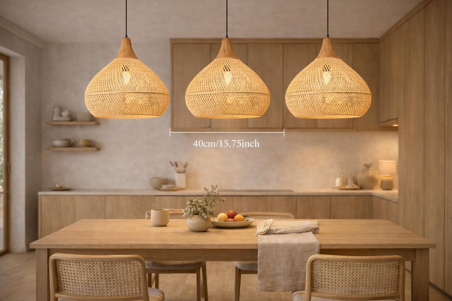 Suspension bambou trio cuisine japandi 3 tailles Ø40cm lumière ambrée naturelle – Atelier Fancy Light