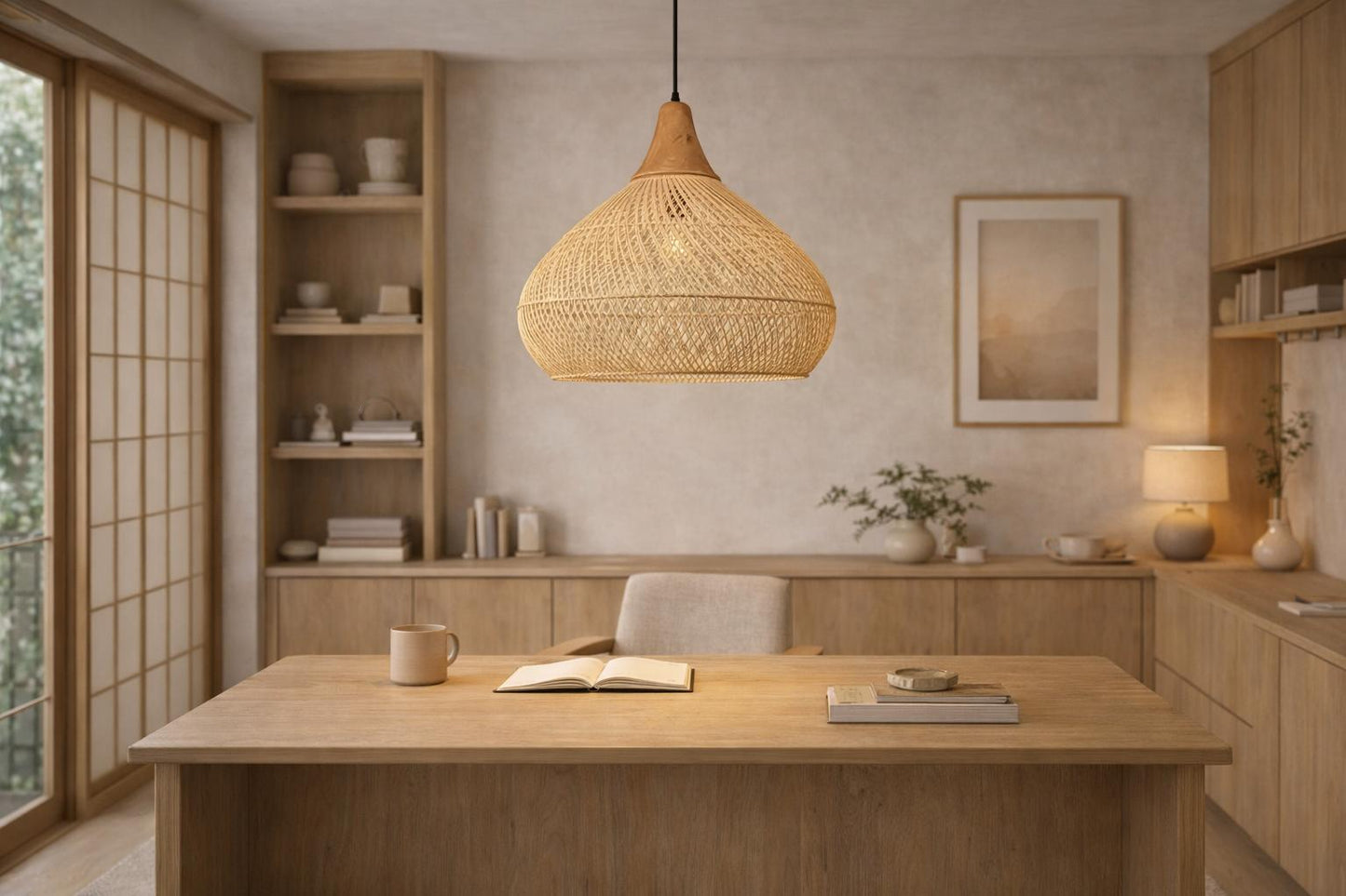 Bamboo pendant light dome Japandi home office wood shelves shoji warm E27 – Atelier Fancy Light