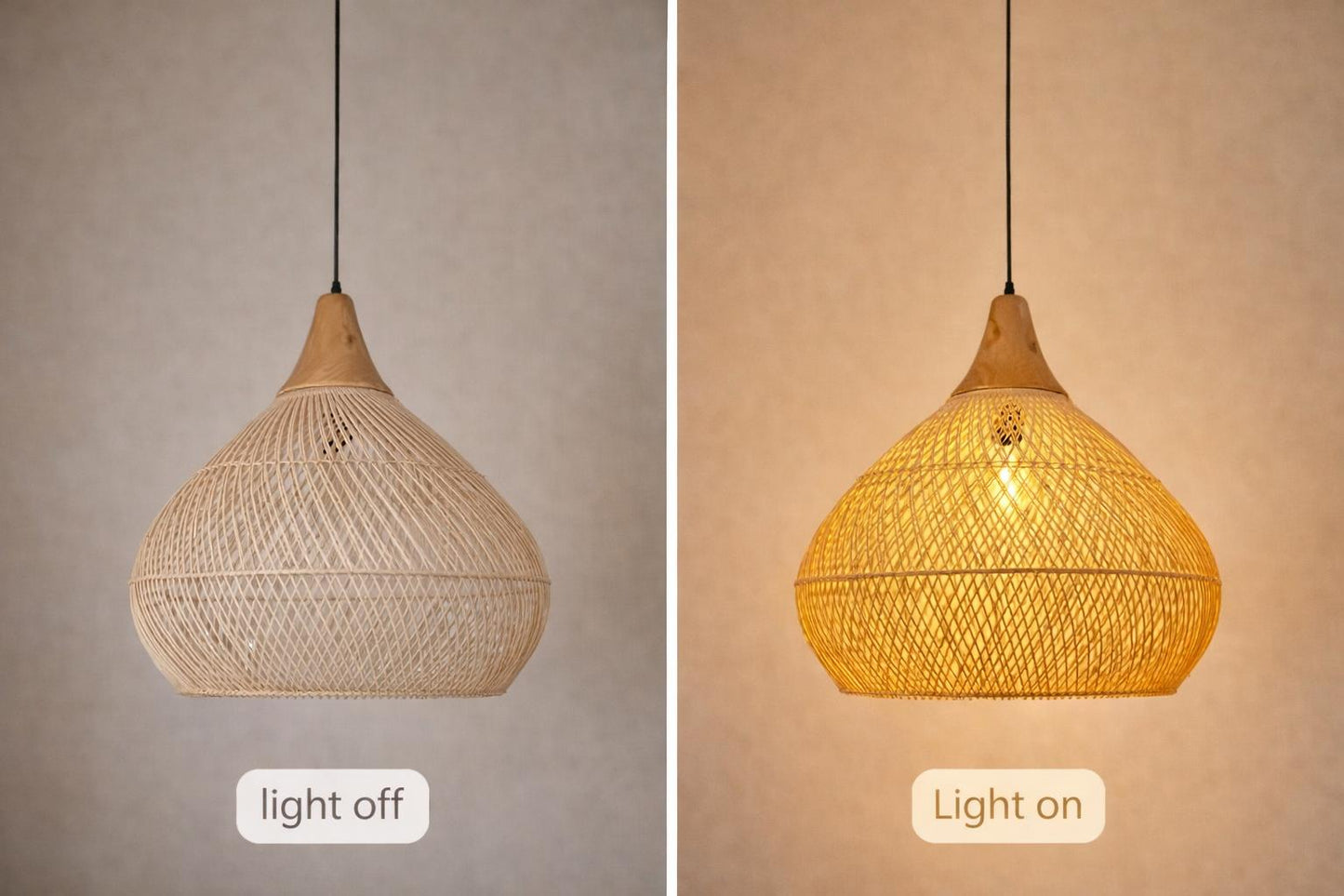 Suspension bambou tressé main light on off comparatif rendu doré japandi E27 – Atelier Fancy Light