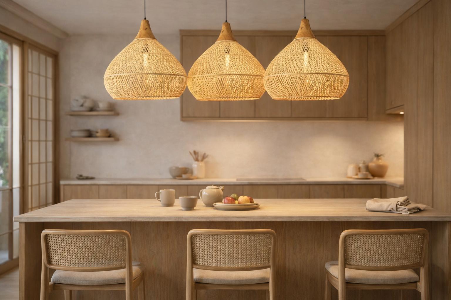 Bamboo pendant light trio îlot cuisine japandi tabourets cannage lumière ambrée E27 – Atelier Fancy Light