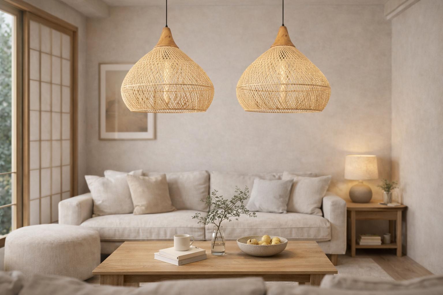 Bamboo pendant light duo salon japandi canapé beige shoji lumière chaleureuse – Atelier Fancy Light