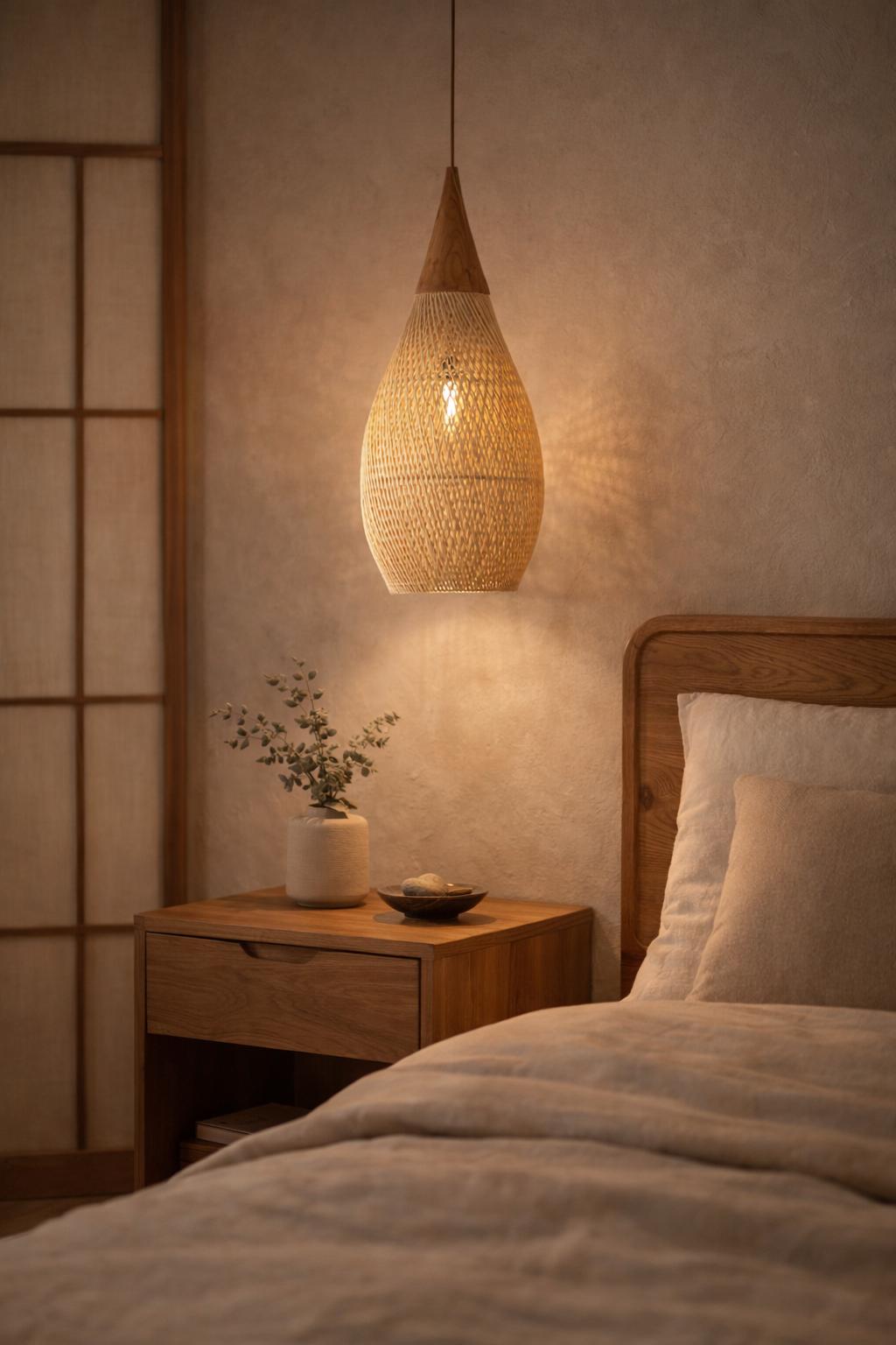Suspension rotin osier chambre japandi shoji lumière dorée soir 2700K E27 – Atelier Fancy Light