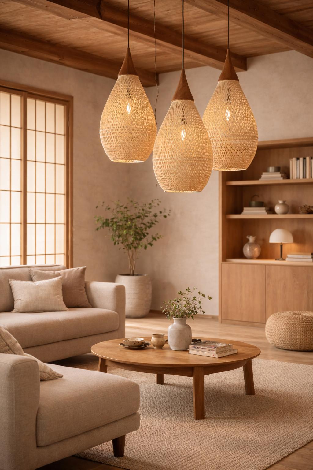 Rattan pendant light trio living room japandi beige sofa warm amber glow E27 – Atelier Fancy Light
