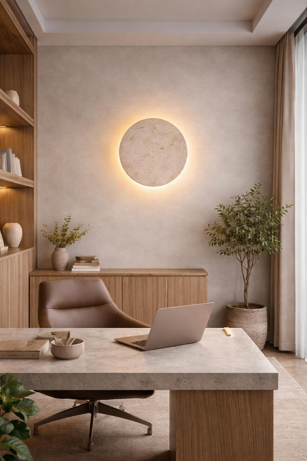 Applique pierre travertin bureau Wabi-Sabi éclairage mural sculptural ambiance contemplative – Atelier Fancy Light