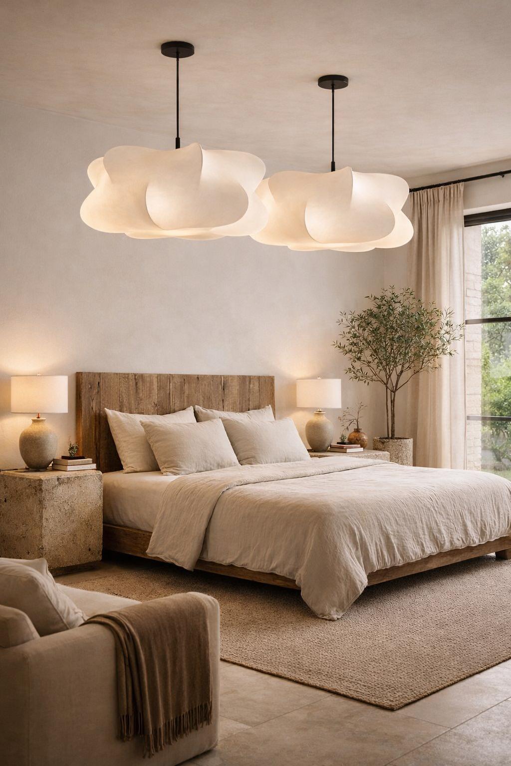 Suspension nuage soie double chambre wabi-sabi tête de lit bois lumière douce E27 – Atelier Fancy Light