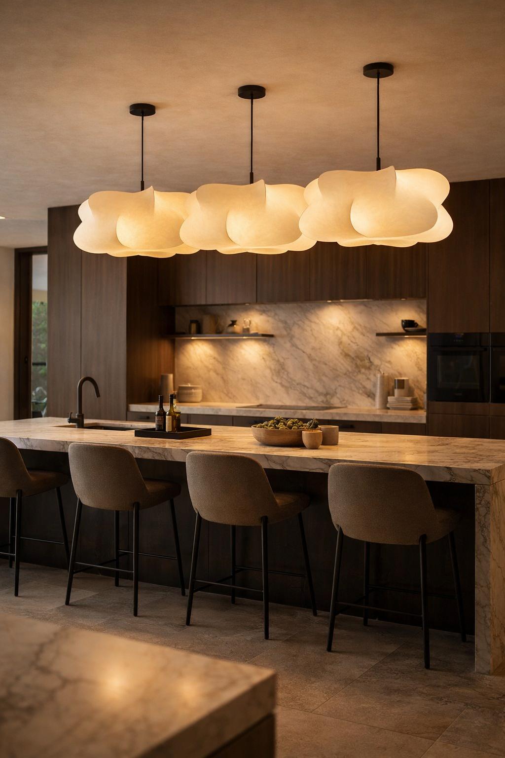 Suspension nuage soie série cinq cuisine îlot long wabi-sabi lumière ambrée premium – Atelier Fancy Light