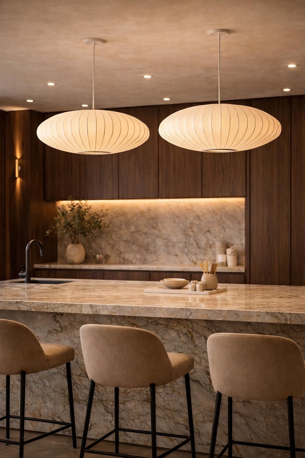 Ribbed silk pendant lights pair Japandi kitchen island warm ambient lighting – Atelier Fancy Light