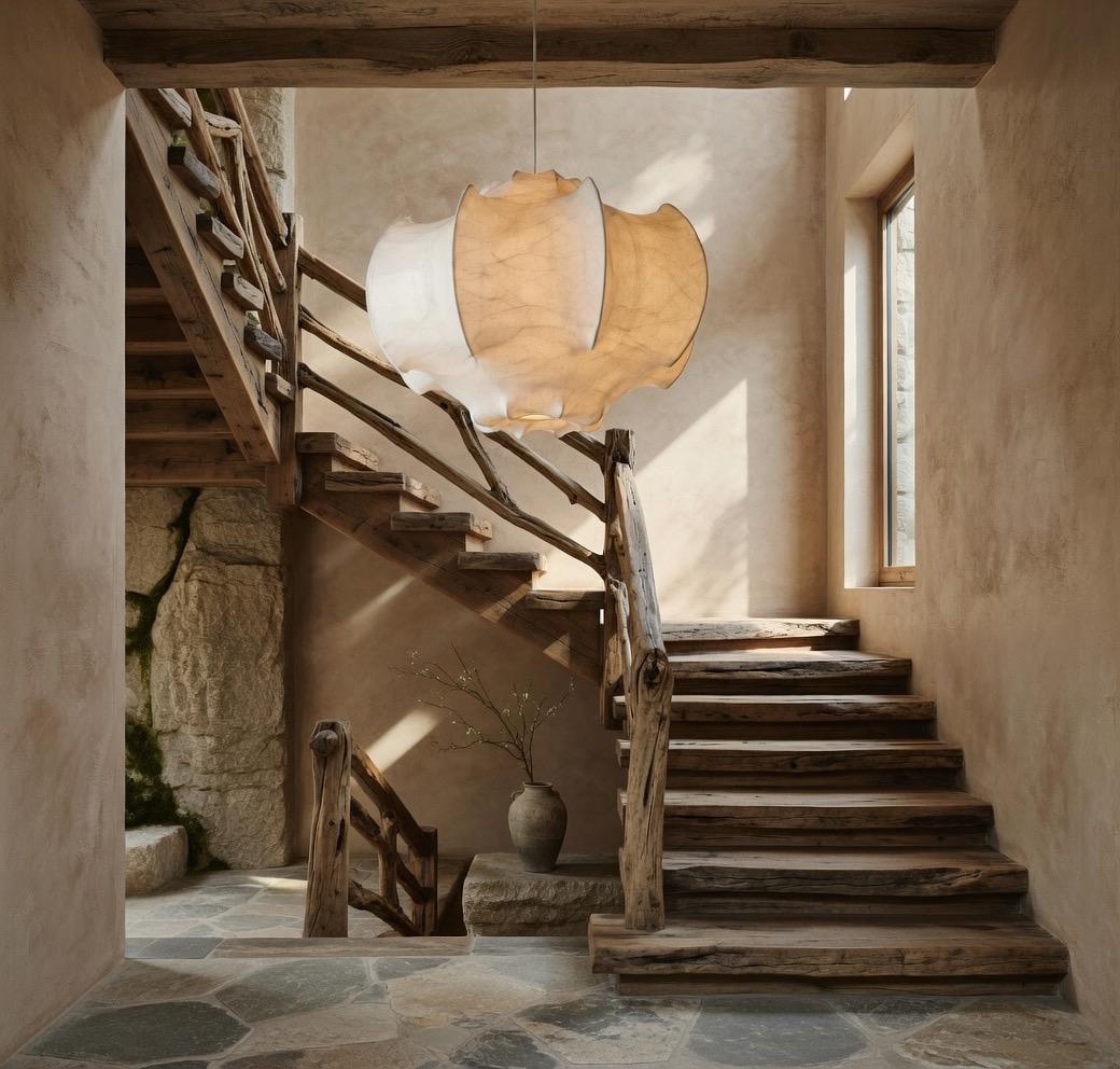 Lustre soie sculptural escalier rustique pierre bois japandi – Atelier Fancy Light