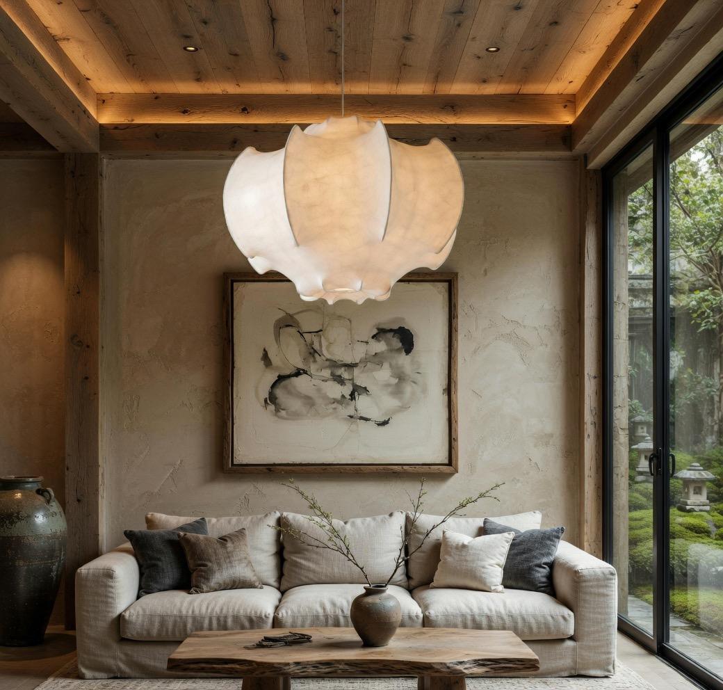 Lustre soie organique salon japandi tableau abstrait jardin – Atelier Fancy Light