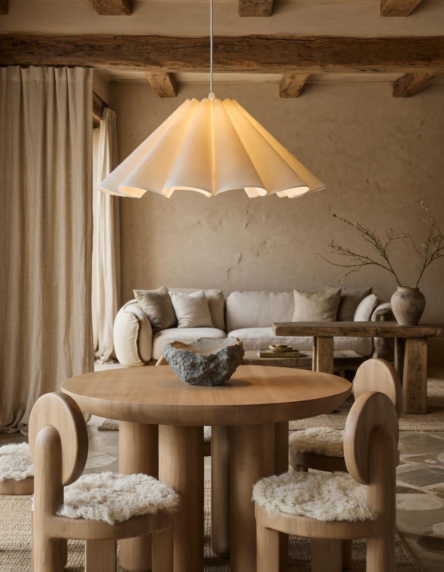 Lustre lin plissé salon rustique poutres bois japandi – Atelier Fancy Light