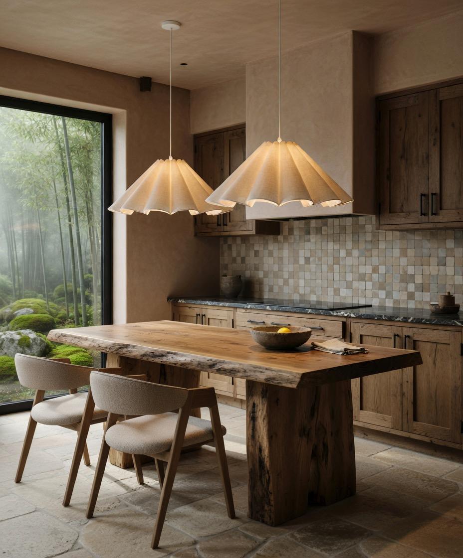 Duo suspension lin plissé cuisine bois japonais jardin bambou – Atelier Fancy Light