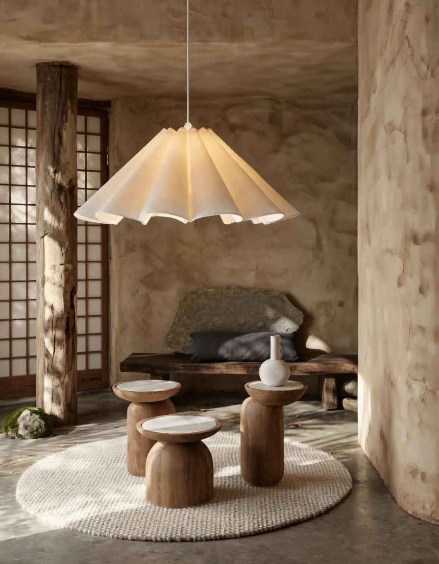 Suspension lin plissé salon japonais allumée lumière ambrée japandi – Atelier Fancy Light