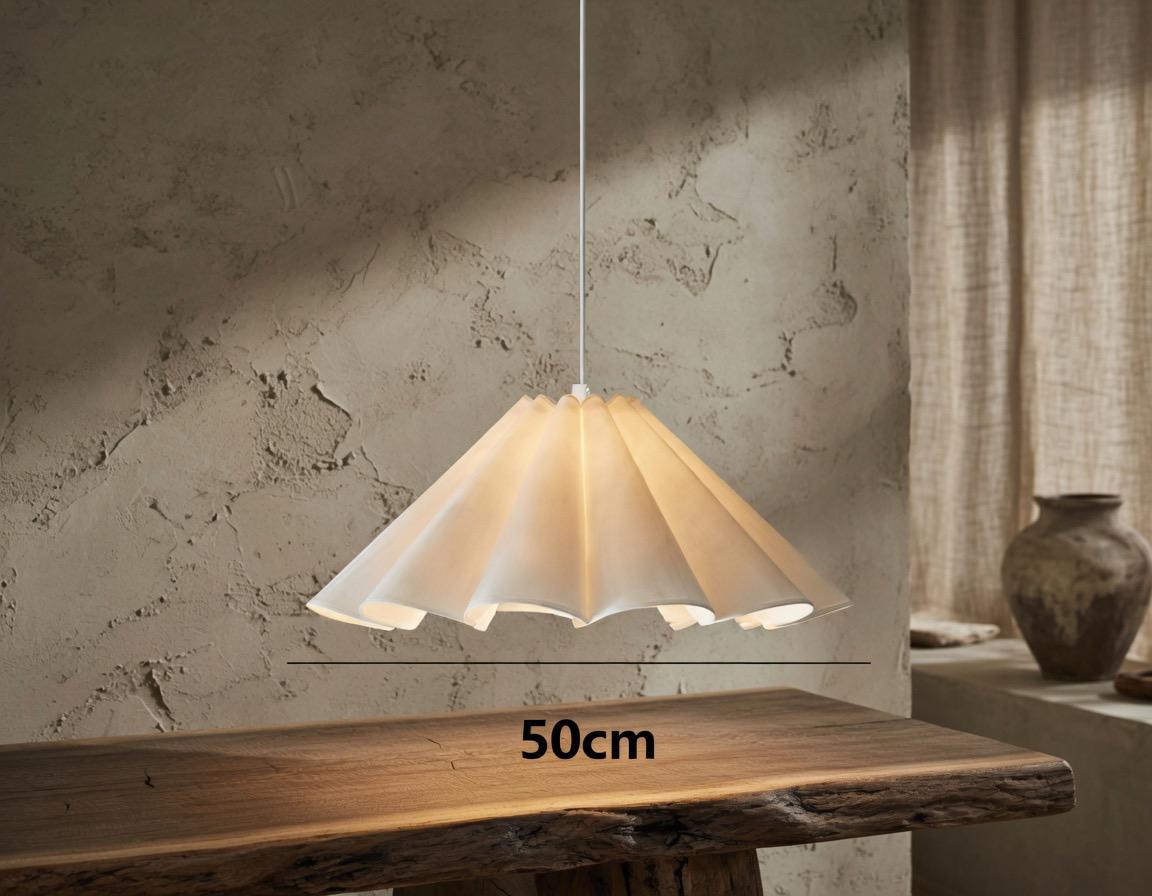 Suspension lin plissé 50cm wabi-sabi ambiance enduit naturel – Atelier Fancy Light