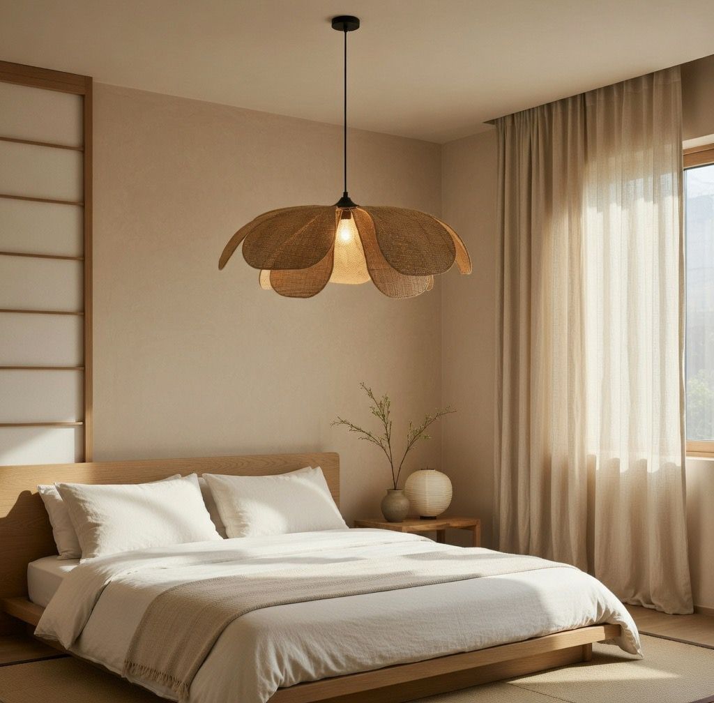 Suspension pétales rotin chambre Japandi lumière tamisée 2700K ambiance cosy E27 – Atelier Fancy Light