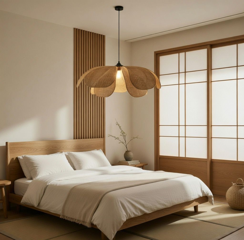 Suspension pétales rotin tissé chambre tatami Japandi ombre dentelle lumière dorée – Atelier Fancy Light
