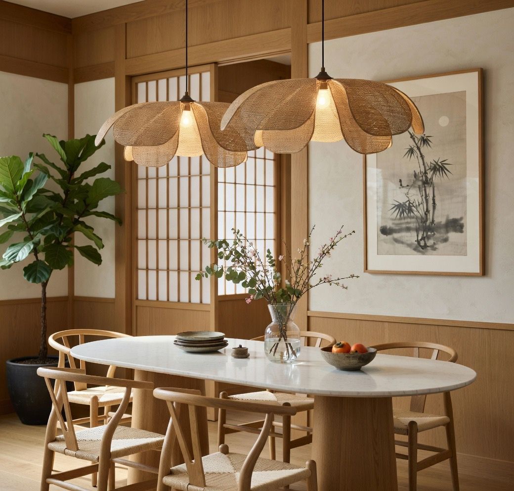 Suspension pétales rotin double table ovale salle à manger Japandi art japonais premium – Atelier Fancy Light