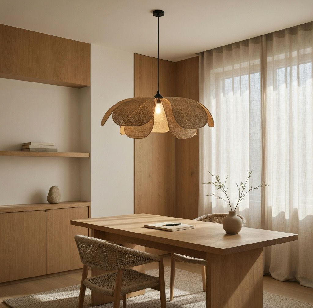 Suspension pétales rotin home office bureau Japandi lumière naturelle douce artisanal – Atelier Fancy Light