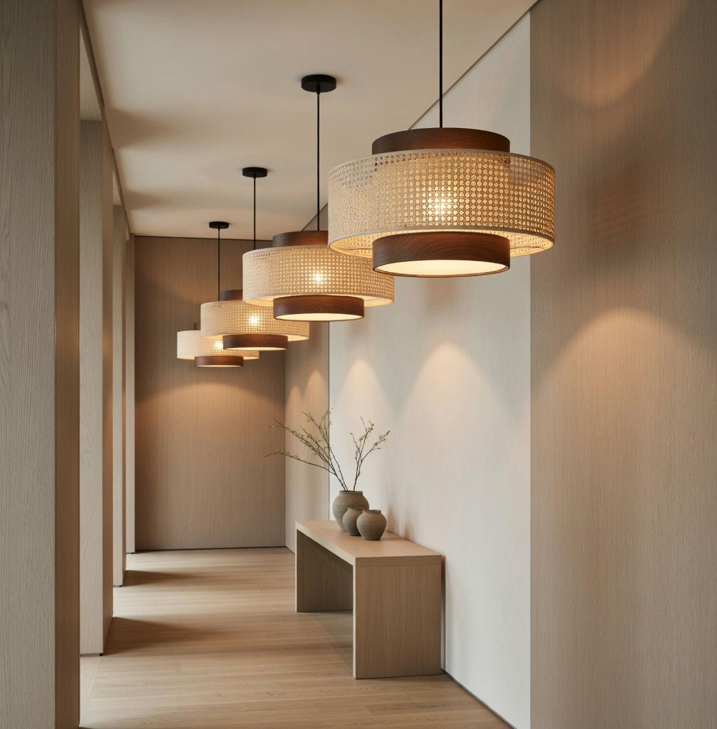 Trio suspension rotin japandi couloir effet architectural – Atelier Fancy Light