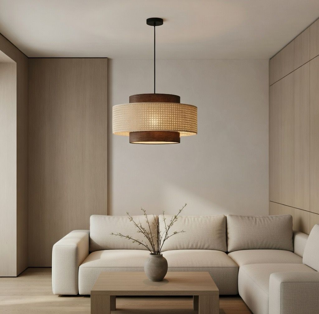 Lustre rotin tissé main salon minimaliste japandi brun – Atelier Fancy Ligh