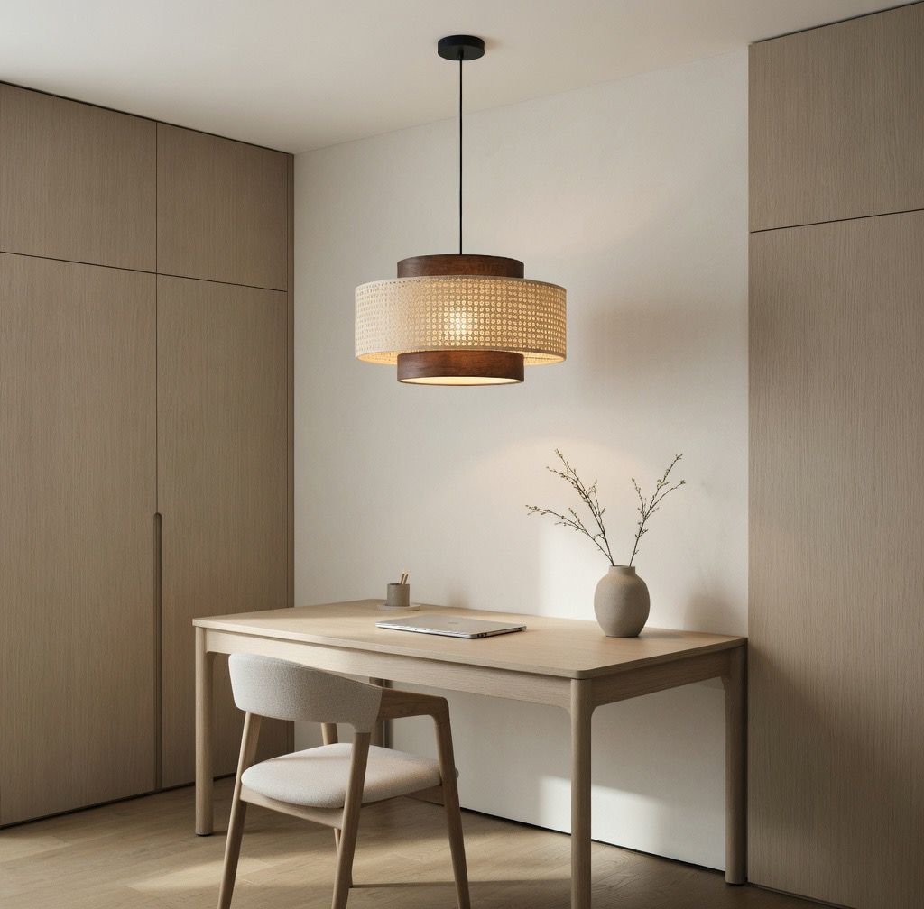 Suspension rotin japandi bureau scandinave lumière chaude – Atelier Fancy Light