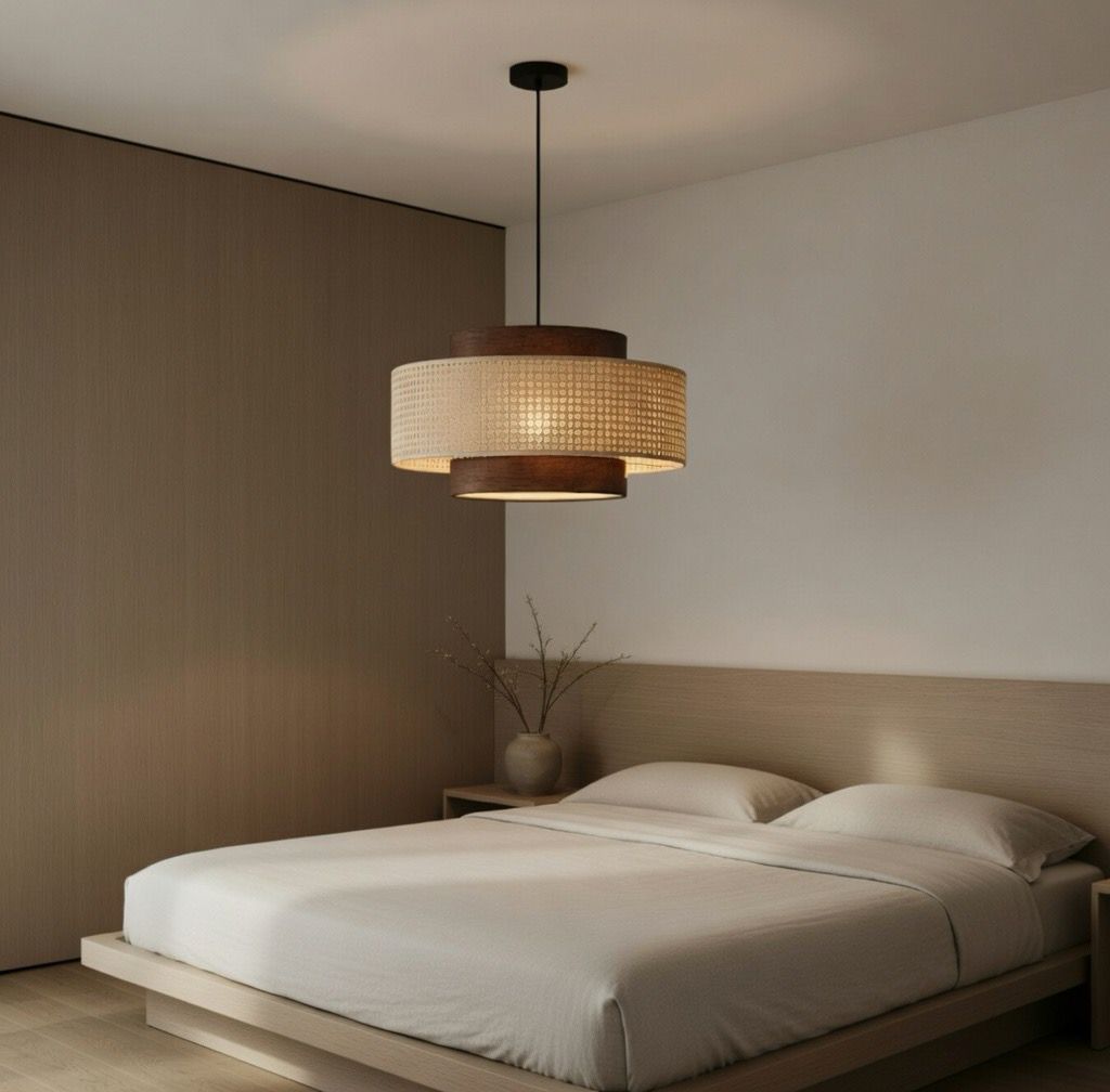 Suspension rotin double anneau chambre lit plateforme japandi – Atelier Fancy Light