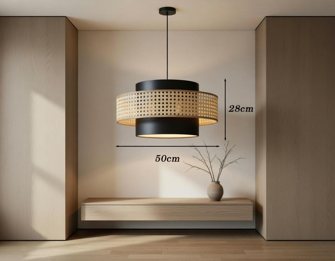 Suspension rotin double anneau noir 50cm japandi bicolore – Atelier Fancy Light