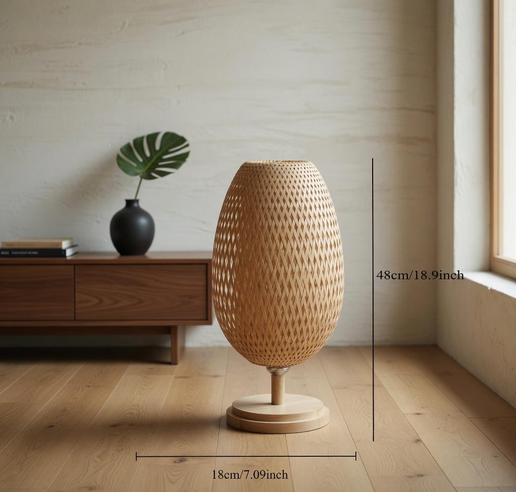 Lampe bambou tressé grande taille H48cm Ø18cm base bois naturel japandi E27 – Atelier Fancy Light