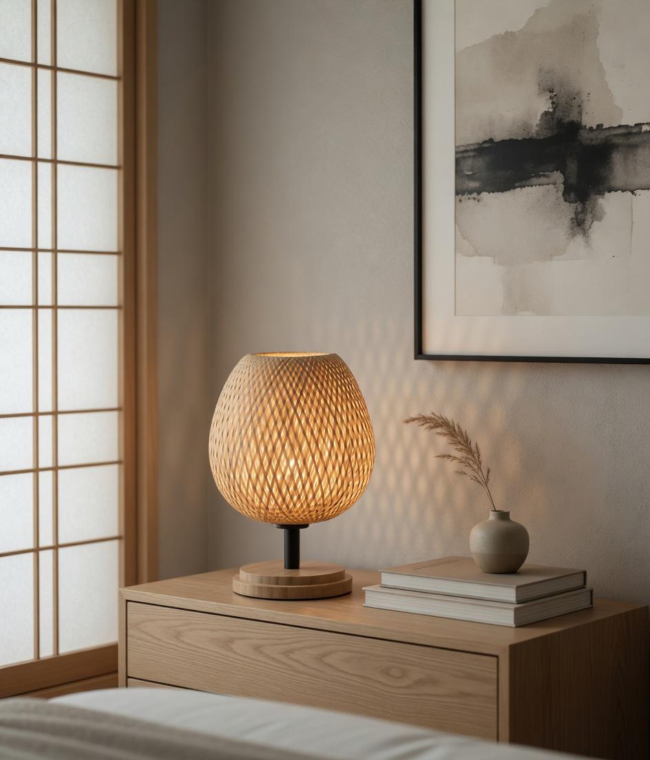 Woven bamboo table lamp commode japandi shoji art japonais encre lumière douce – Atelier Fancy Light