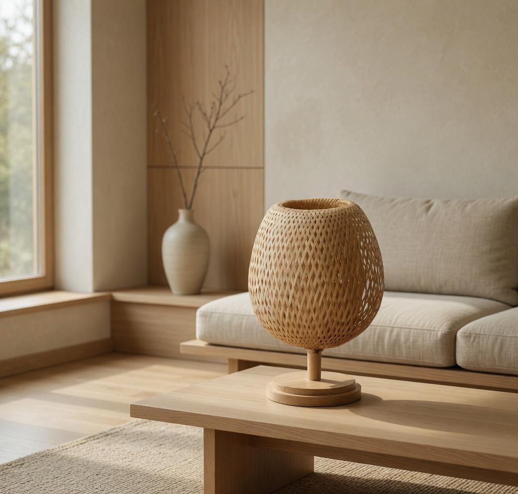 Woven bamboo table lamp salon table basse japandi lumière naturelle éteinte wabi-sabi – Atelier Fancy Light