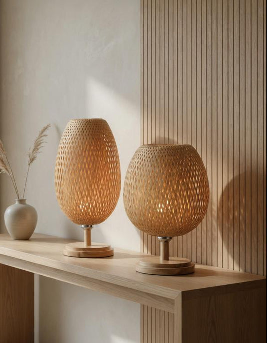 Woven bamboo table lamp duo shelf japandi wood slats natural light E27 – Atelier Fancy Light