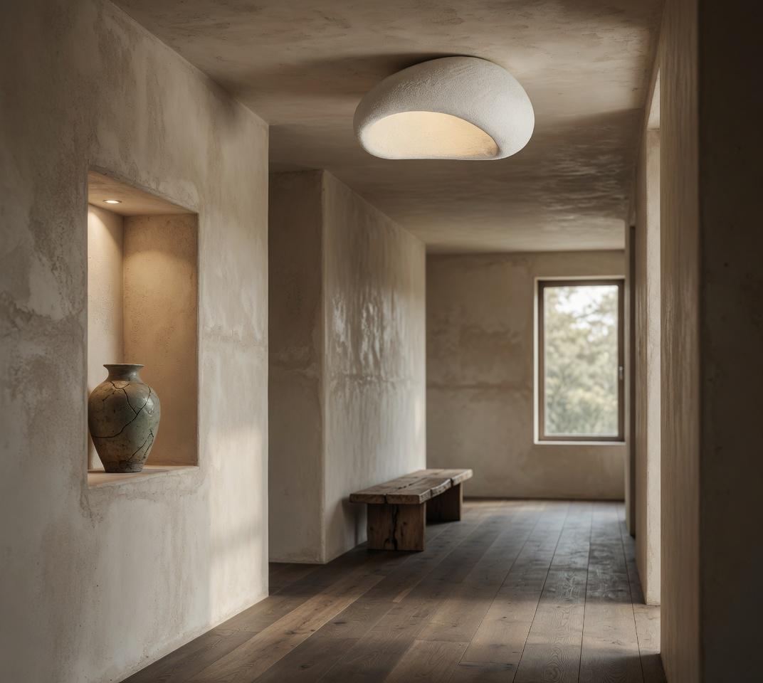 Plafonnier galet Wabi-Sabi blanc dans couloir mur en chaux, niche avec vase en céramique