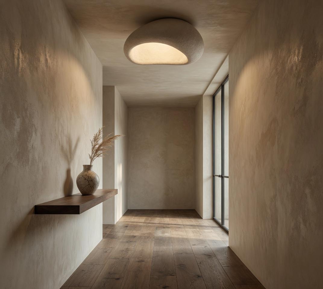 Plafonnier galet Wabi-Sabi dans couloir minimaliste