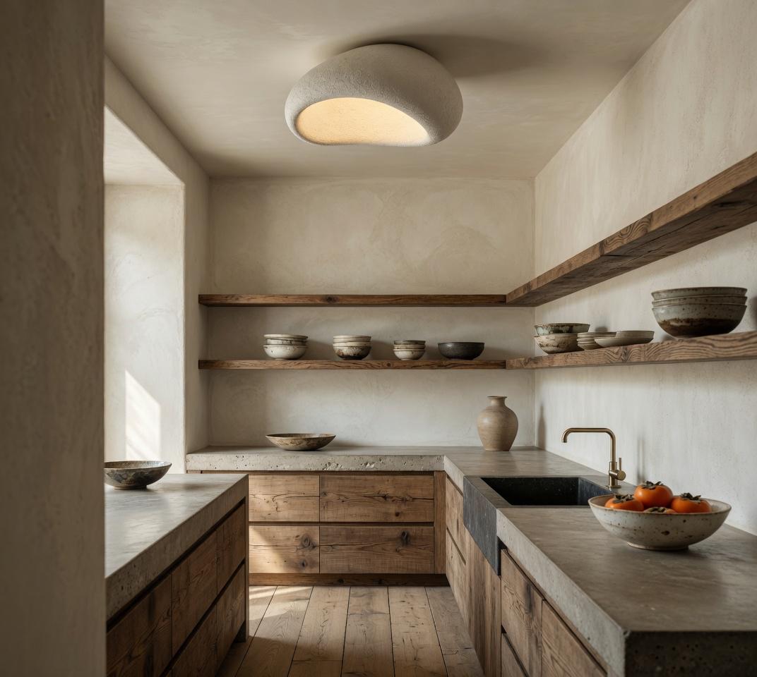 Plafonnier galet Wabi-Sabi dans cuisine en béton ciré et bois, étagères ouvertes céramique