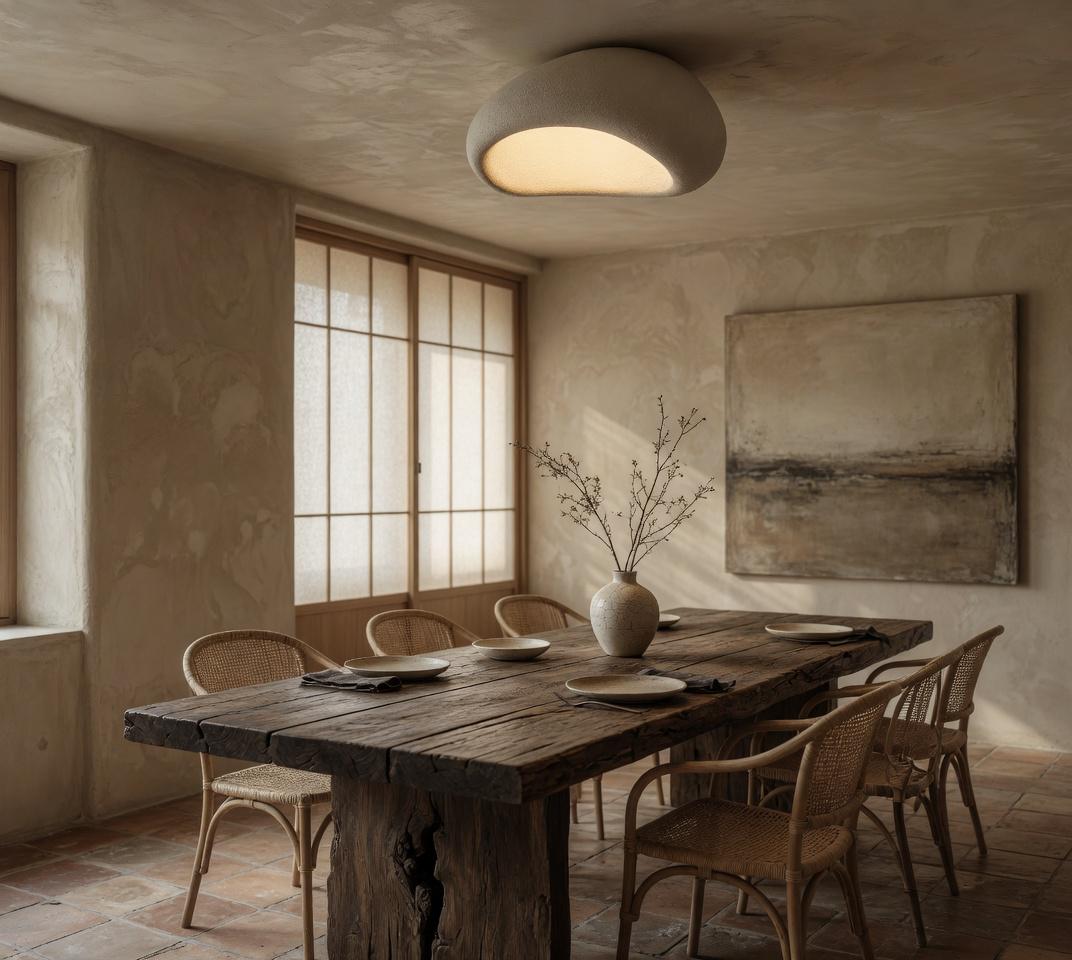 Plafonnier galet Wabi-Sabi au-dessus d'une table en bois brut, salle à manger esprit slow design