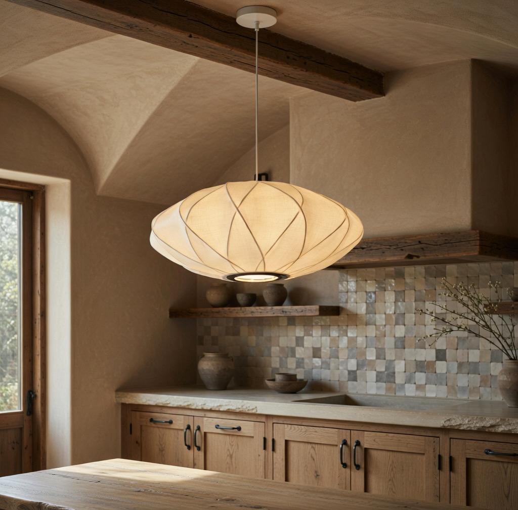 Intérieur salon suspension cocon soie Japandi Wabi-Sabi décoration naturelle minimaliste – Atelier Fancy Light
