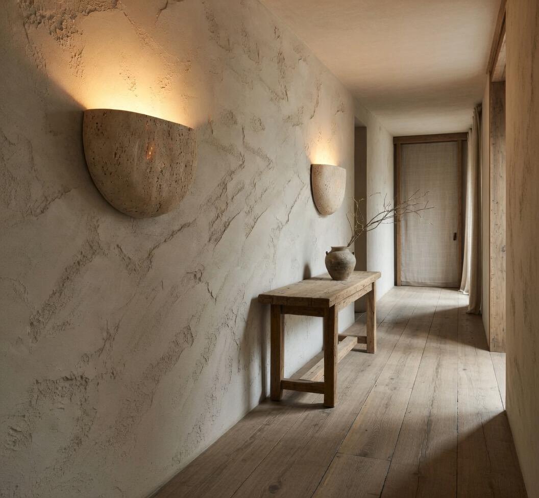 Applique travertin demi-lune demi-sphère éclairage indirect intérieur contemporain Wabi-Sabi – Atelier Fancy Light