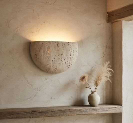 Applique travertin demi-lune uplighter halo chaud mural cuisine Wabi-Sabi – Atelier Fancy Light