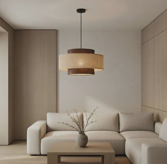 Suspension Rotin Tissé Double Anneau — Japandi Bicolore