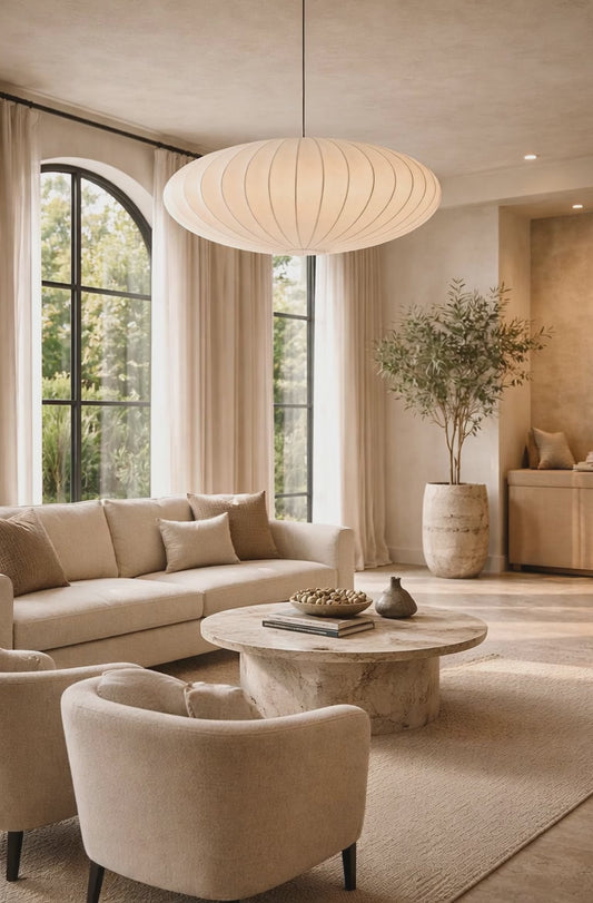Silk Pendant Light – Oval Ribbed Wabi-Sabi Shade | E27